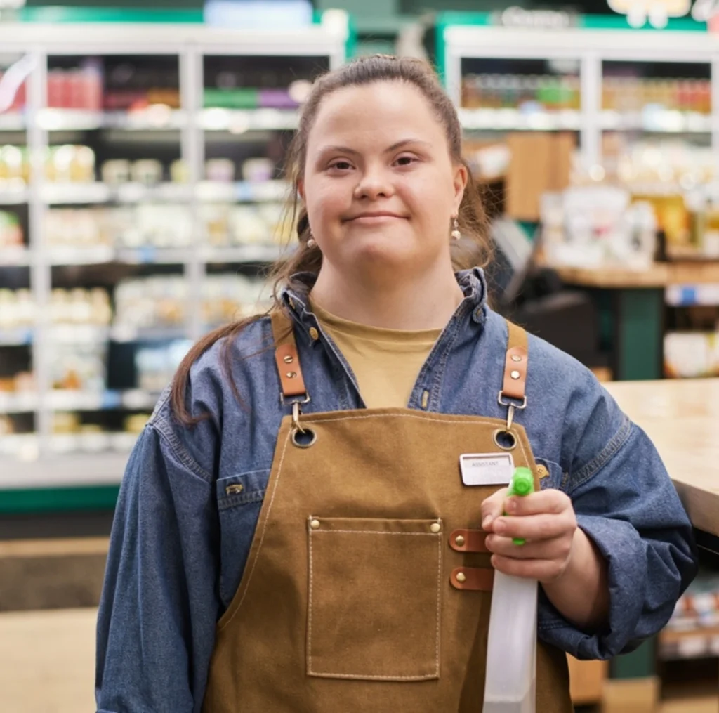 disabled women with down syndrome working in a supermarket